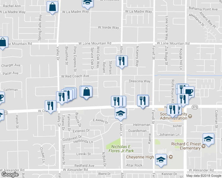 map of restaurants, bars, coffee shops, grocery stores, and more near 3809 Fortress Drive in North Las Vegas