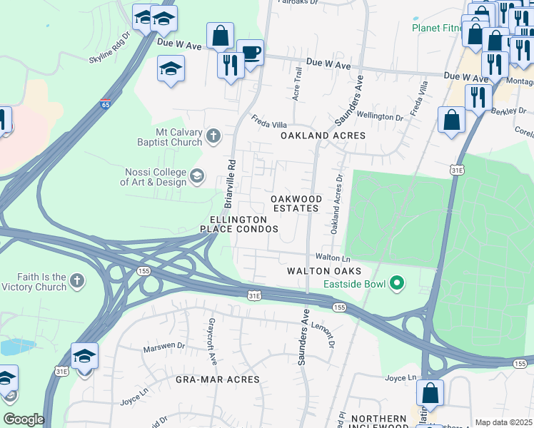 map of restaurants, bars, coffee shops, grocery stores, and more near 137 Ellington Place in Nashville