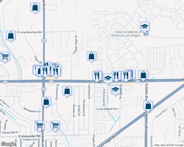 map of restaurants, bars, coffee shops, grocery stores, and more near 4464 Calimesa Street in Las Vegas