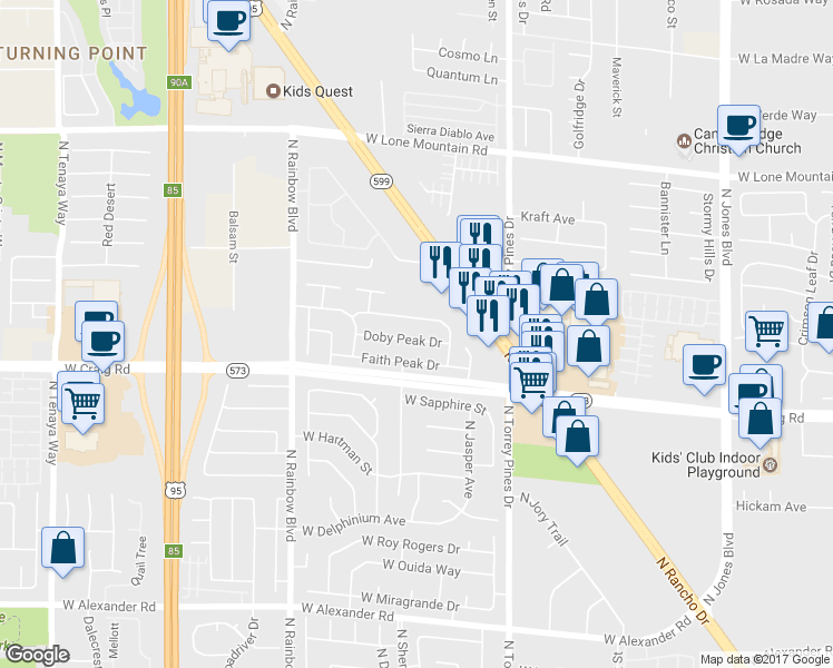map of restaurants, bars, coffee shops, grocery stores, and more near 6436 Doby Peak Drive in Las Vegas