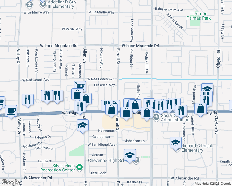 map of restaurants, bars, coffee shops, grocery stores, and more near 4505 Ferrell St in North Las Vegas