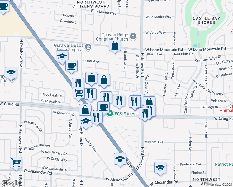 map of restaurants, bars, coffee shops, grocery stores, and more near 6208 Red Jamboree Court in Las Vegas