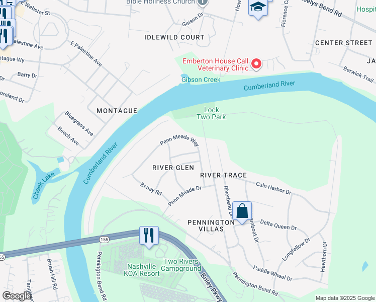 map of restaurants, bars, coffee shops, grocery stores, and more near 2625 River Meade Way in Nashville