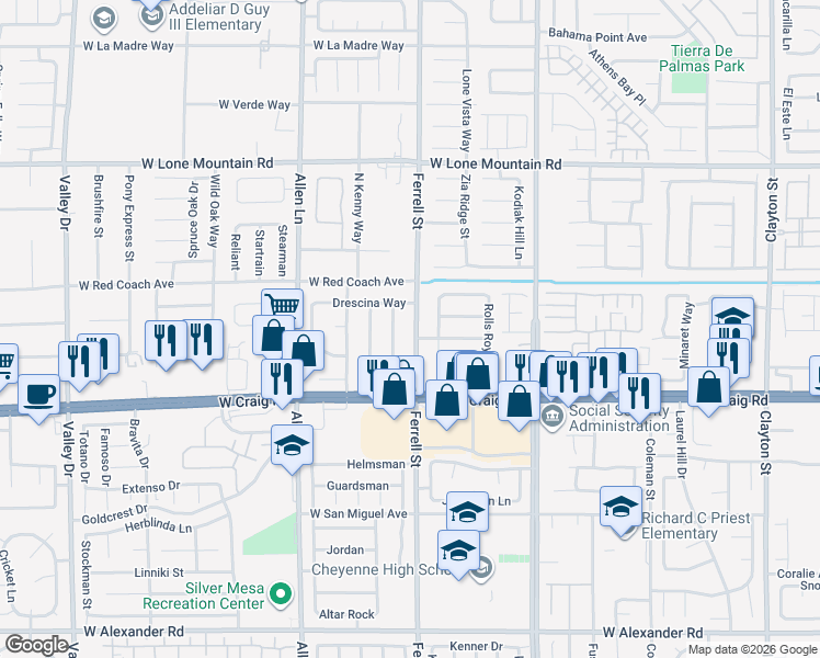 map of restaurants, bars, coffee shops, grocery stores, and more near 4505 Ferrell Street in North Las Vegas