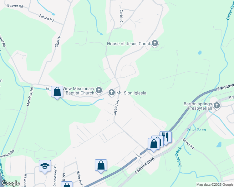 map of restaurants, bars, coffee shops, grocery stores, and more near 743 Jaybird Road in Morristown
