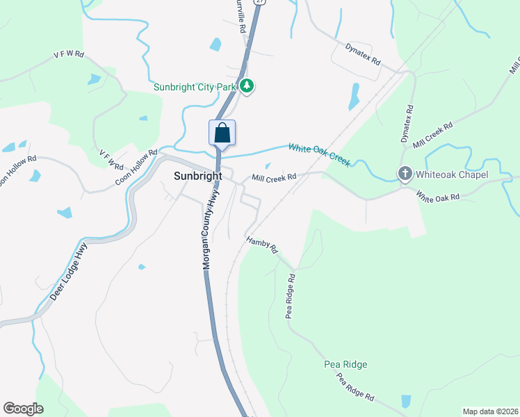 map of restaurants, bars, coffee shops, grocery stores, and more near in Sunbright