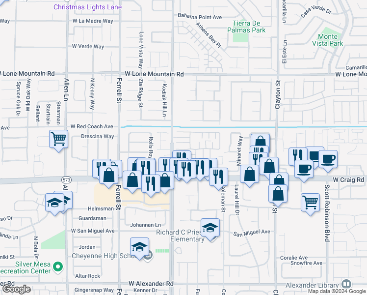 map of restaurants, bars, coffee shops, grocery stores, and more near 2725 Teal Gardens Court in North Las Vegas