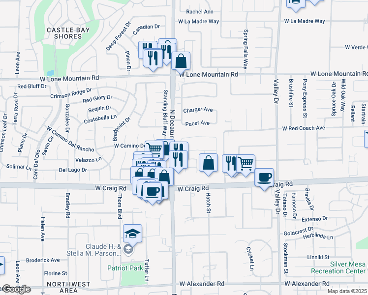 map of restaurants, bars, coffee shops, grocery stores, and more near 4628 Cattleman in North Las Vegas