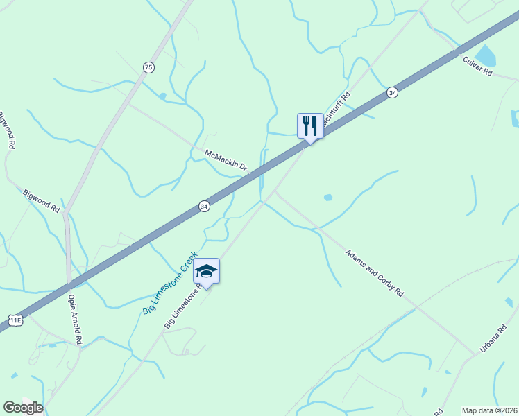 map of restaurants, bars, coffee shops, grocery stores, and more near 160 Big Limestone Road in Limestone