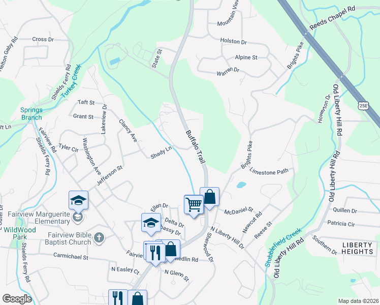 map of restaurants, bars, coffee shops, grocery stores, and more near 2215 Buffalo Trail in Morristown