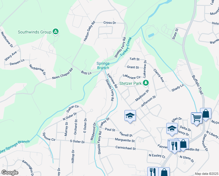 map of restaurants, bars, coffee shops, grocery stores, and more near 2143 Shields Ferry Road in Morristown
