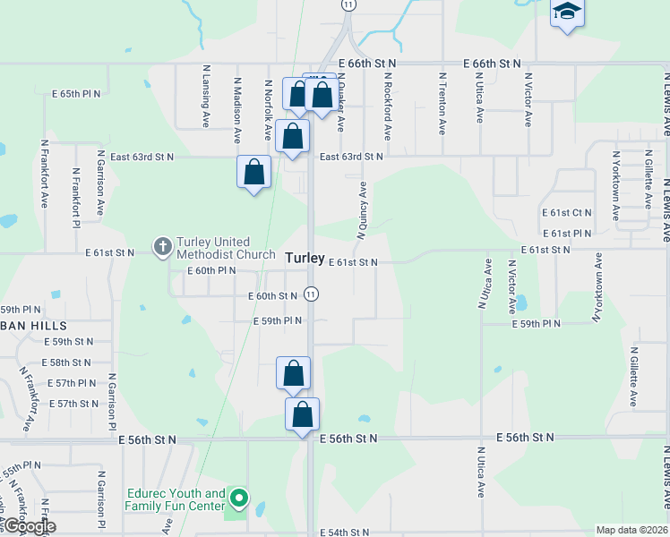 map of restaurants, bars, coffee shops, grocery stores, and more near 1328 E 61st St N in Tulsa