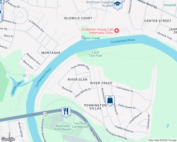 map of restaurants, bars, coffee shops, grocery stores, and more near 2625 River Meade Way in Nashville