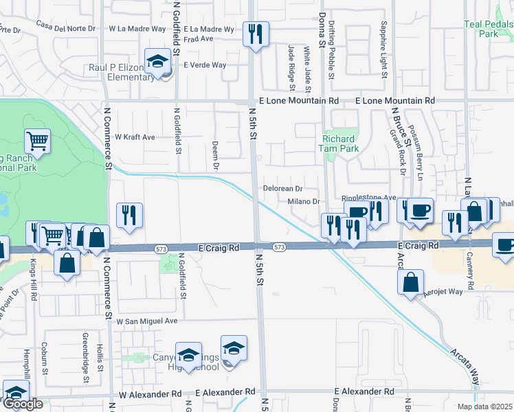 map of restaurants, bars, coffee shops, grocery stores, and more near North 5th Street in North Las Vegas