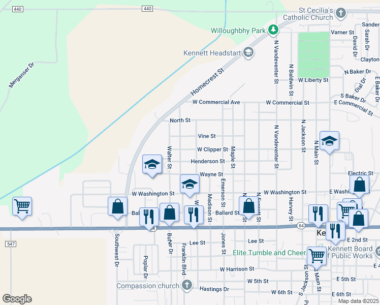 map of restaurants, bars, coffee shops, grocery stores, and more near 1007 West Clipper Street in Kennett