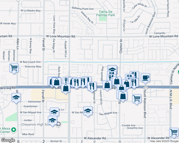 map of restaurants, bars, coffee shops, grocery stores, and more near 4536 Ponsard Court in North Las Vegas