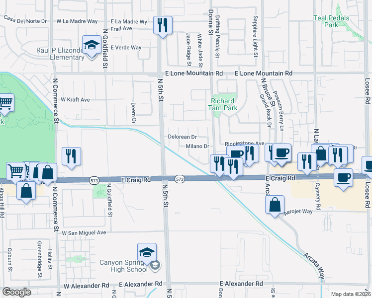 map of restaurants, bars, coffee shops, grocery stores, and more near 701 Gullwing Lane in North Las Vegas