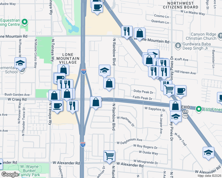 map of restaurants, bars, coffee shops, grocery stores, and more near 4445 North Rainbow Boulevard in Las Vegas