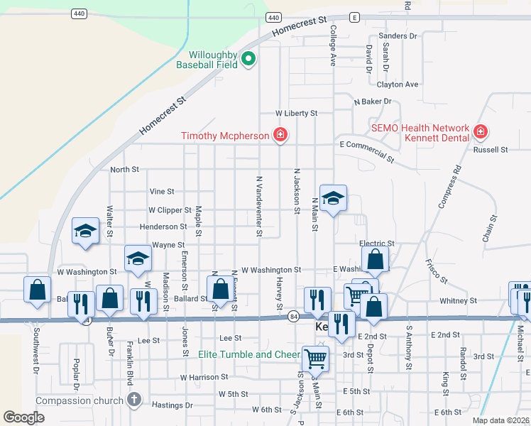 map of restaurants, bars, coffee shops, grocery stores, and more near 504 N Vandeventer St in Kennett