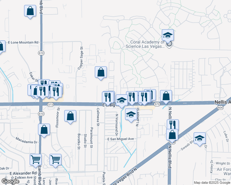 map of restaurants, bars, coffee shops, grocery stores, and more near 4730 East Craig Road in Las Vegas