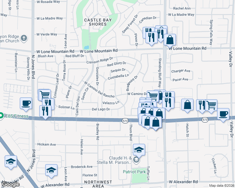 map of restaurants, bars, coffee shops, grocery stores, and more near 5200 Velazco Lane in Las Vegas