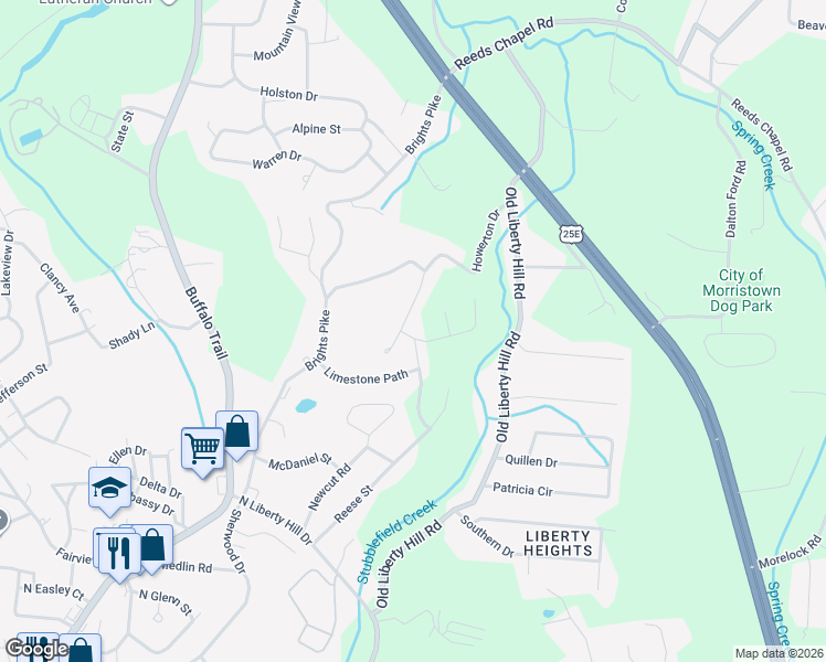 map of restaurants, bars, coffee shops, grocery stores, and more near 2205 Stream View Lane in Morristown