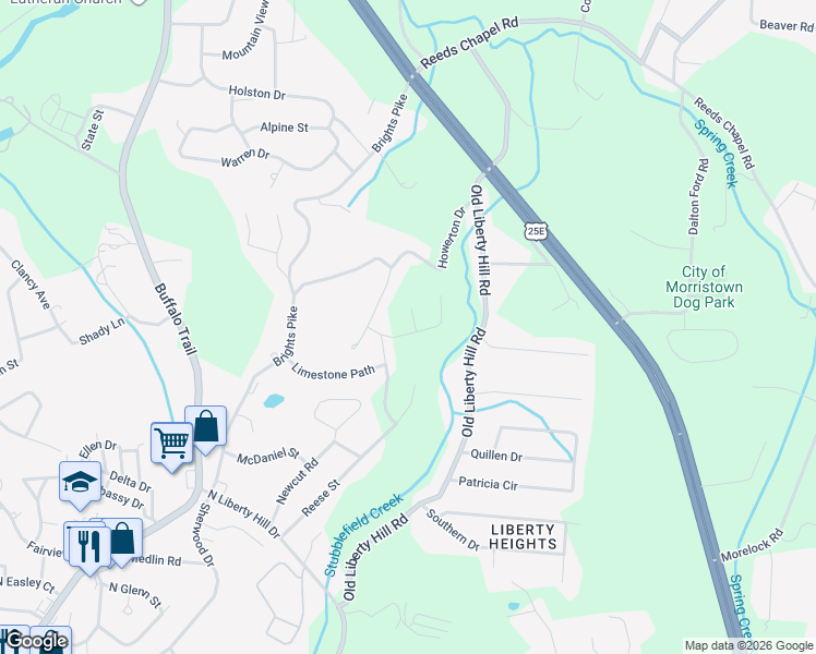 map of restaurants, bars, coffee shops, grocery stores, and more near 2205 Stream View Lane in Morristown