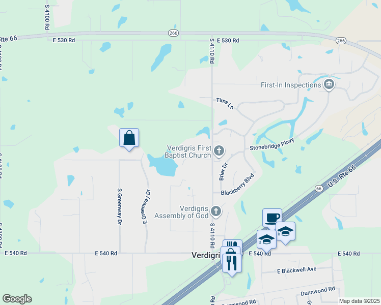 map of restaurants, bars, coffee shops, grocery stores, and more near 7697 East Brit Drive in Claremore