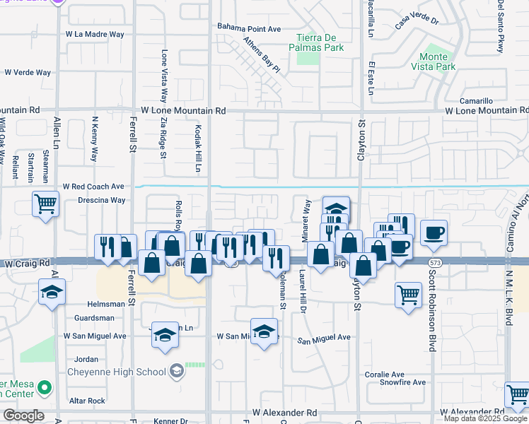map of restaurants, bars, coffee shops, grocery stores, and more near 4535 Ponsard Court in North Las Vegas