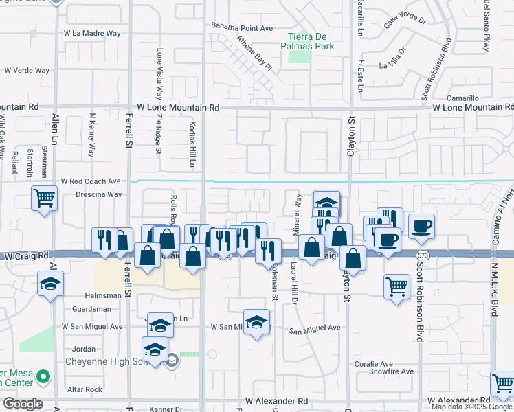 map of restaurants, bars, coffee shops, grocery stores, and more near 4535 Ponsard Court in North Las Vegas