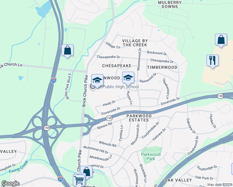 map of restaurants, bars, coffee shops, grocery stores, and more near 3223 Healy Court in Nashville