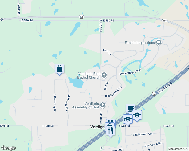 map of restaurants, bars, coffee shops, grocery stores, and more near 7697 East Brit Drive in Claremore
