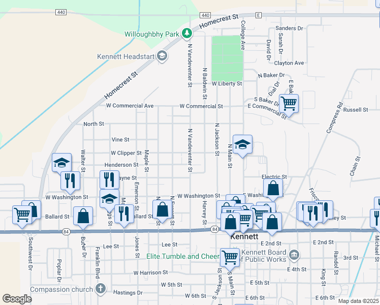 map of restaurants, bars, coffee shops, grocery stores, and more near 600 North Vandeventer Street in Kennett
