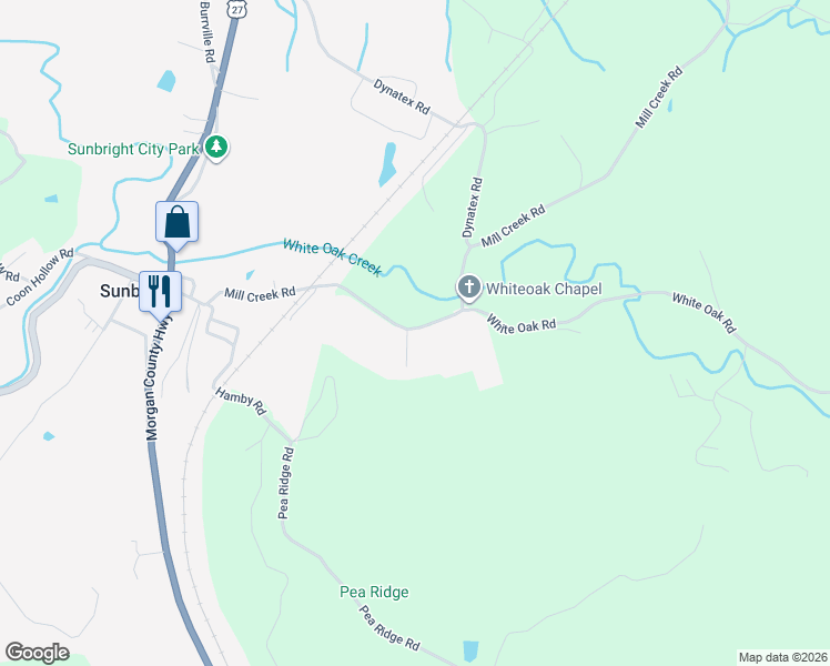 map of restaurants, bars, coffee shops, grocery stores, and more near 414 Mill Creek Road in Sunbright
