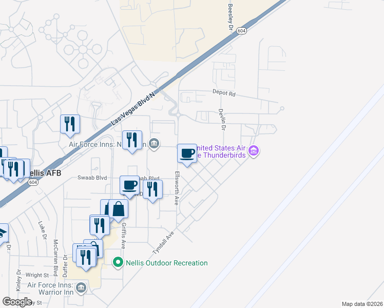 map of restaurants, bars, coffee shops, grocery stores, and more near 4625 Fitzgerald Boulevard in Nellis Air Force Base