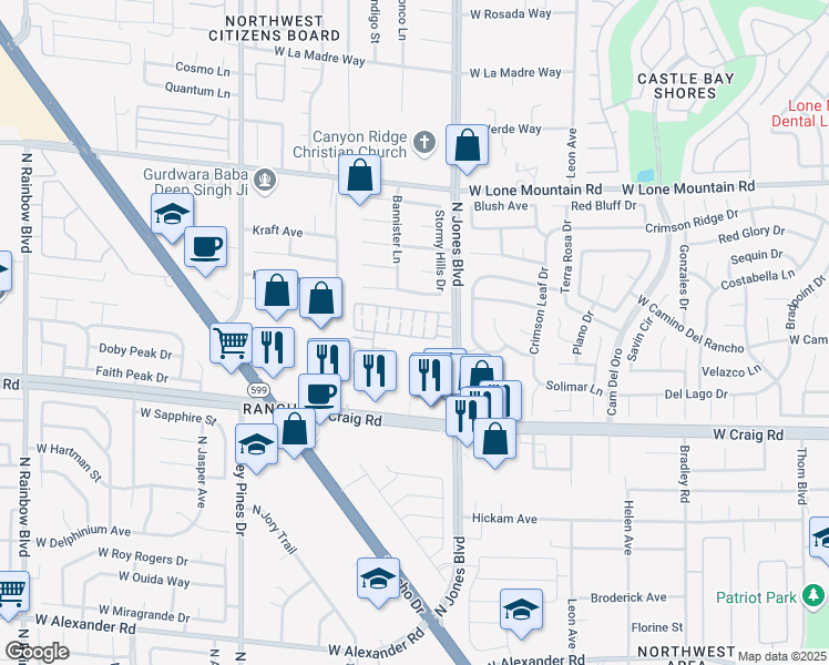 map of restaurants, bars, coffee shops, grocery stores, and more near 4504 Harbison Canyon Court in Las Vegas