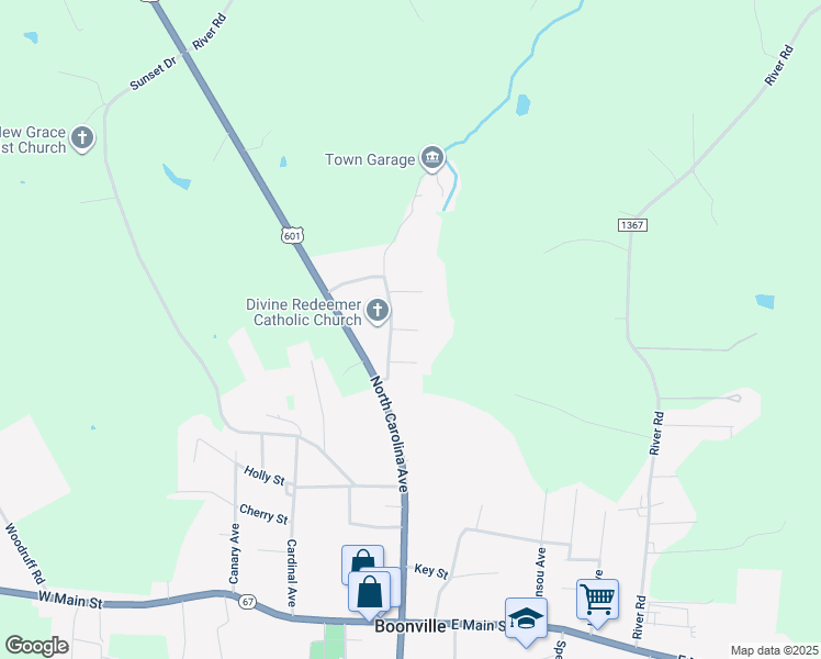 map of restaurants, bars, coffee shops, grocery stores, and more near 108 Robin Street in Boonville