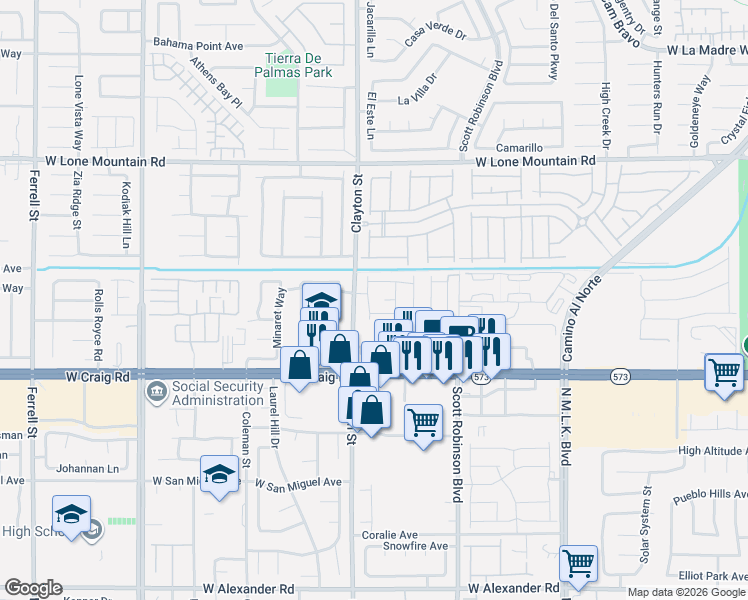 map of restaurants, bars, coffee shops, grocery stores, and more near Nevada 573 in North Las Vegas
