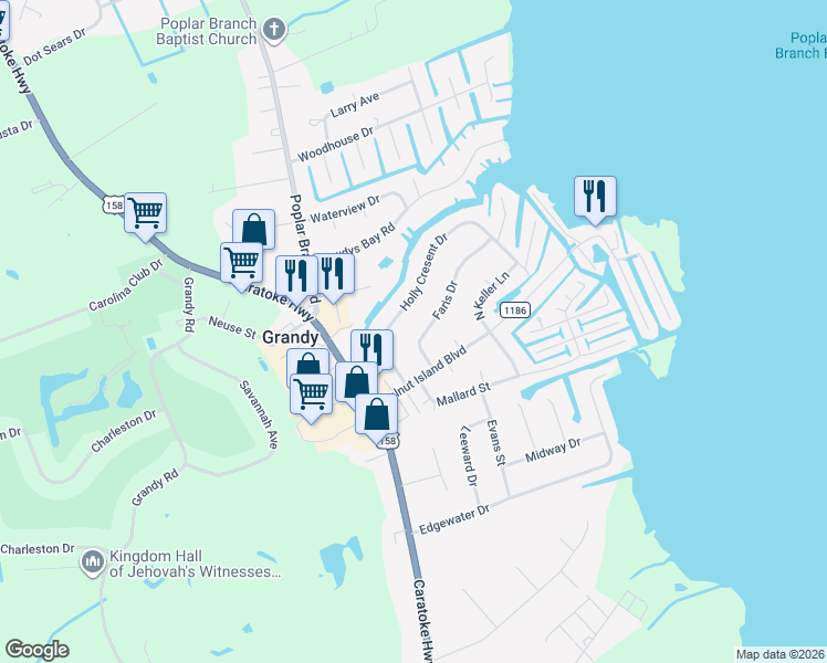 map of restaurants, bars, coffee shops, grocery stores, and more near 107 Faris Dr in Grandy