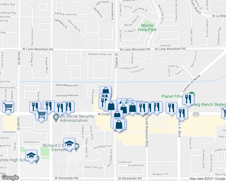 map of restaurants, bars, coffee shops, grocery stores, and more near 4528 Switchback Street in North Las Vegas