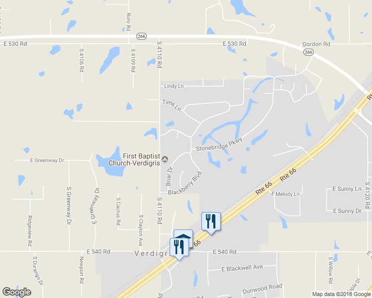 map of restaurants, bars, coffee shops, grocery stores, and more near 25500 Briar Drive in Claremore