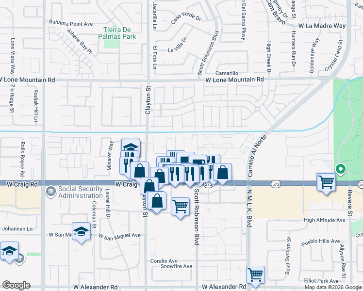 map of restaurants, bars, coffee shops, grocery stores, and more near 1905 Rini Ridge Avenue in North Las Vegas