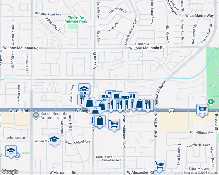 map of restaurants, bars, coffee shops, grocery stores, and more near 1905 Rini Ridge Avenue in North Las Vegas