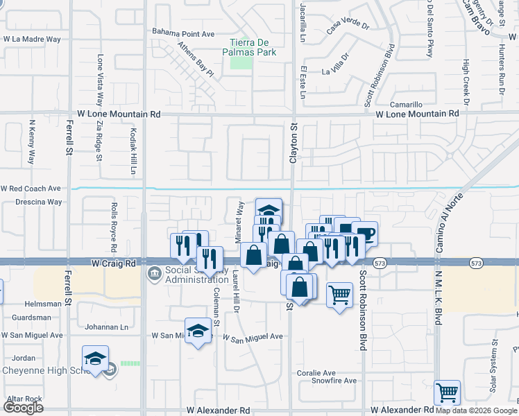 map of restaurants, bars, coffee shops, grocery stores, and more near 4510 Monitor Way in North Las Vegas