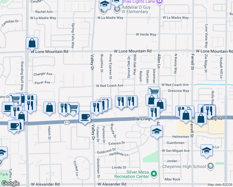 map of restaurants, bars, coffee shops, grocery stores, and more near 4516 Pony Express Street in North Las Vegas