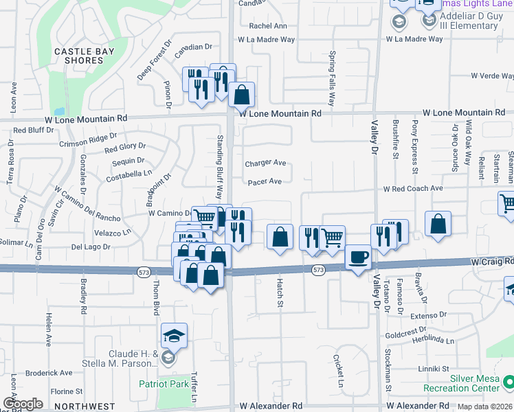 map of restaurants, bars, coffee shops, grocery stores, and more near 4628 Cattleman in North Las Vegas