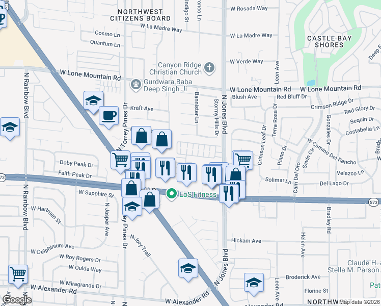 map of restaurants, bars, coffee shops, grocery stores, and more near 6125 Mission Gorge Court in Las Vegas