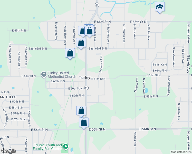 map of restaurants, bars, coffee shops, grocery stores, and more near 1328 East 61st Street North in Tulsa