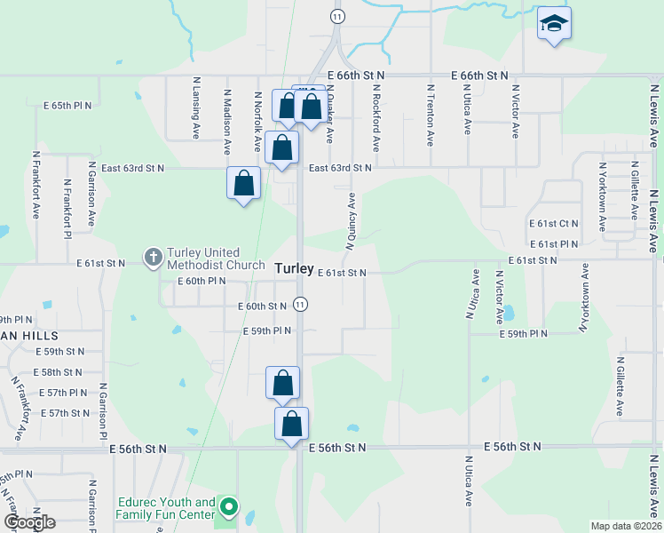 map of restaurants, bars, coffee shops, grocery stores, and more near 1328 East 61st Street North in Tulsa