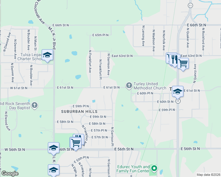 map of restaurants, bars, coffee shops, grocery stores, and more near 6027 North Garrison Place in Tulsa